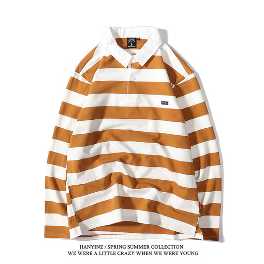 sanyamk rugby shirt outfit Japanese Style Large Striped Long-Sleeved T-shirt Polo Shirt Retro Loose Men's and Women's Couple's Bottoming Shirt Ins Preppy Style Top