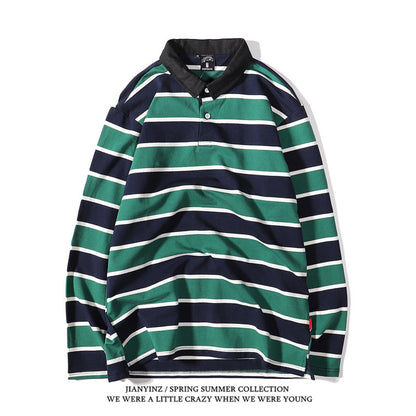 sanyamk rugby shirt outfit Japanese Style Large Striped Long-Sleeved T-shirt Polo Shirt Retro Loose Men's and Women's Couple's Bottoming Shirt Ins Preppy Style Top