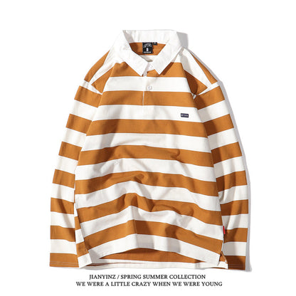 sanyamk rugby shirt outfit Japanese Style Large Striped Long-Sleeved T-shirt Polo Shirt Retro Loose Men's and Women's Couple's Bottoming Shirt Ins Preppy Style Top