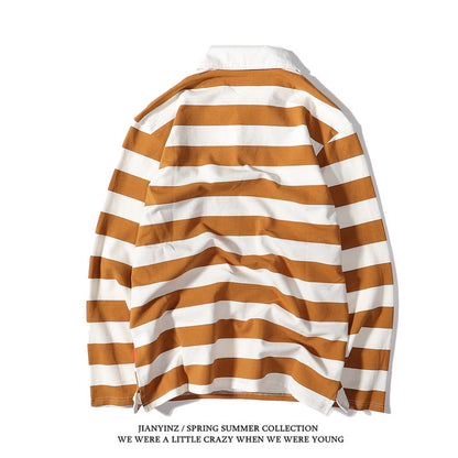 sanyamk rugby shirt outfit Japanese Style Large Striped Long-Sleeved T-shirt Polo Shirt Retro Loose Men's and Women's Couple's Bottoming Shirt Ins Preppy Style Top