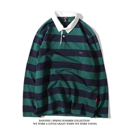 sanyamk rugby shirt outfit Japanese Style Large Striped Long-Sleeved T-shirt Polo Shirt Retro Loose Men's and Women's Couple's Bottoming Shirt Ins Preppy Style Top