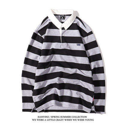 sanyamk rugby shirt outfit Japanese Style Large Striped Long-Sleeved T-shirt Polo Shirt Retro Loose Men's and Women's Couple's Bottoming Shirt Ins Preppy Style Top