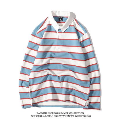 sanyamk rugby shirt outfit Japanese Style Large Striped Long-Sleeved T-shirt Polo Shirt Retro Loose Men's and Women's Couple's Bottoming Shirt Ins Preppy Style Top