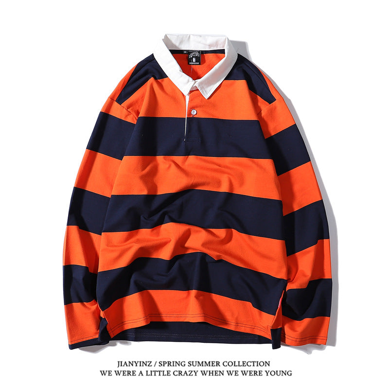 sanyamk rugby shirt outfit Japanese Style Large Striped Long-Sleeved T-shirt Polo Shirt Retro Loose Men's and Women's Couple's Bottoming Shirt Ins Preppy Style Top