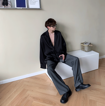 sanyamk Autumn Black White Silk Blazer Men's Fashion Business Society Mens Suit Jacket Korean Loose Casual Dress Jacket Men M-XL