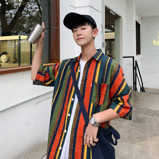 sanyamk 90s streetwear Summer New Men's Casual Short-Sleeved Shirt Trendy Korean Style Contrast Color Striped Loose Shirt