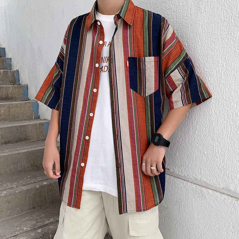 sanyamk 90s streetwear Summer New Men's Casual Short-Sleeved Shirt Trendy Korean Style Contrast Color Striped Loose Shirt