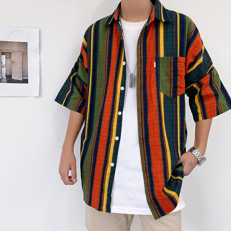 sanyamk 90s streetwear Summer New Men's Casual Short-Sleeved Shirt Trendy Korean Style Contrast Color Striped Loose Shirt