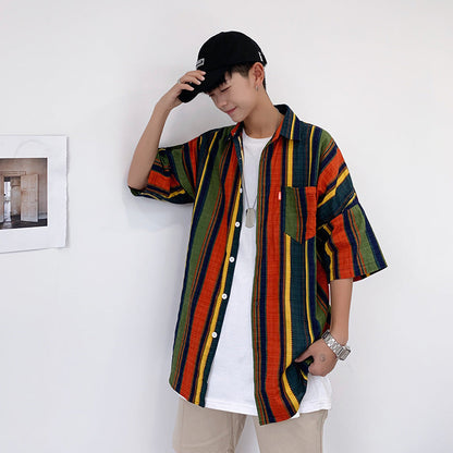 sanyamk 90s streetwear Summer New Men's Casual Short-Sleeved Shirt Trendy Korean Style Contrast Color Striped Loose Shirt