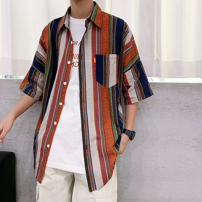 sanyamk 90s streetwear Summer New Men's Casual Short-Sleeved Shirt Trendy Korean Style Contrast Color Striped Loose Shirt