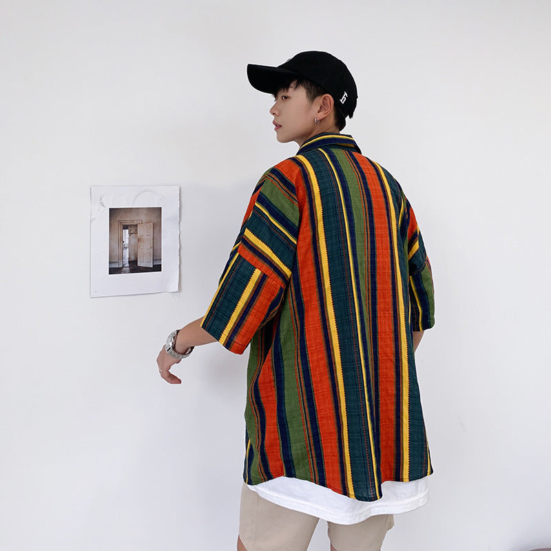 sanyamk 90s streetwear Summer New Men's Casual Short-Sleeved Shirt Trendy Korean Style Contrast Color Striped Loose Shirt