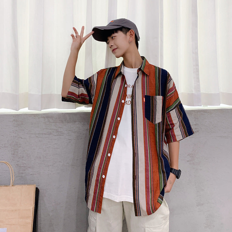 sanyamk 90s streetwear Summer New Men's Casual Short-Sleeved Shirt Trendy Korean Style Contrast Color Striped Loose Shirt