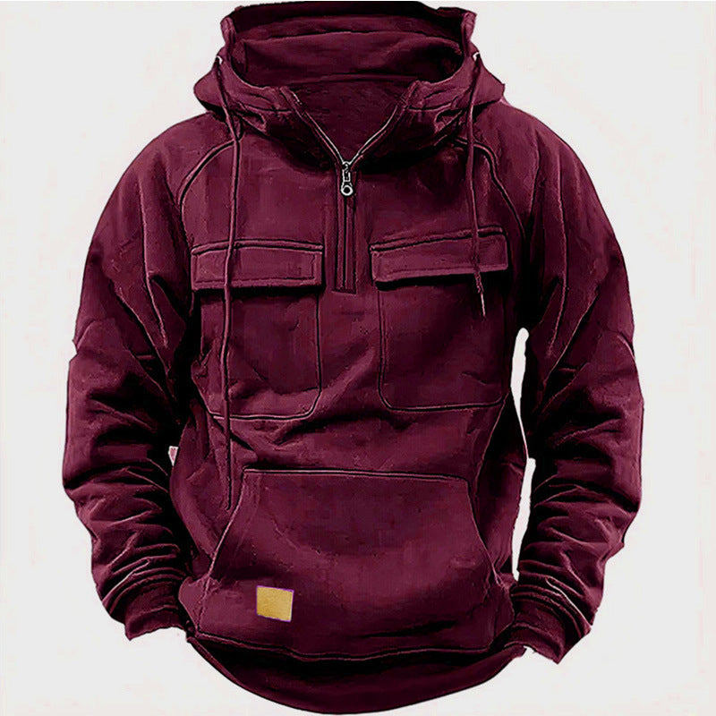 sanyamk Spring Autumn Vintage Mens Hoodie Multi Pocket Long Sleeve Half Zip Hooded Pullover Streetwear Fashion Casual Sweatshirts Male