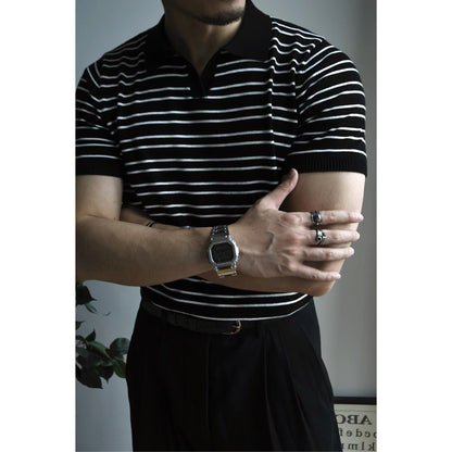 sanyamk Light Mature Korean Style Men's Shirt Casual Striped Pullover Polo Shirt Trendy Ins Summer Short Sleeve Sweater T-shirt