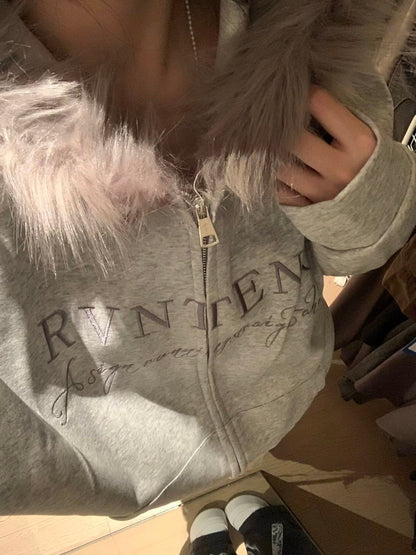 sanyamk Gothic Punk Retro Fur Collar Zipper Hoodie Y2K Harajuku Vintage Trendy Brand Streetwear Sweatshirt Winter Clothing Women Jacket