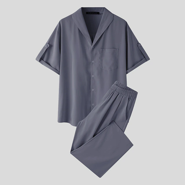 sanyamk 2Pcs/Set Summer Men Suit Elastic Wastband Pleated Casual Outfit Men Business Short Sleeve Shirts Long Pants Set Male Clothing