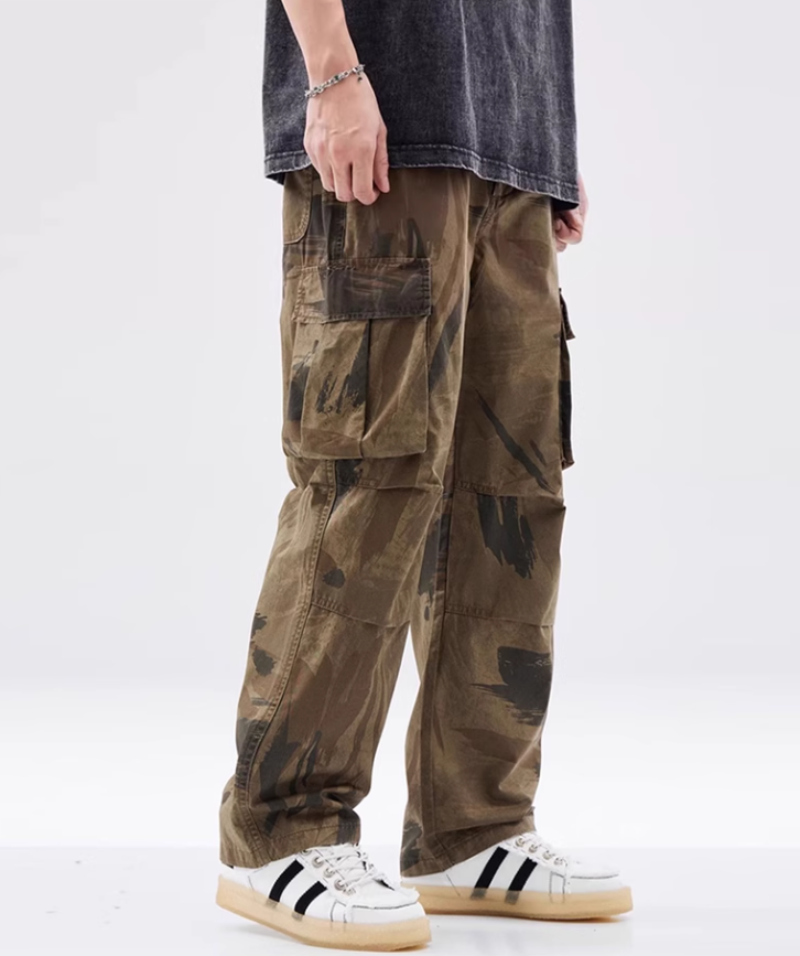 sanyamk High Street Pockets Patchwork Straight Camouflage Men's Cargo Pants Wide Leg Retro Baggy Casual Unisex Oversize Trousers Hip Hop