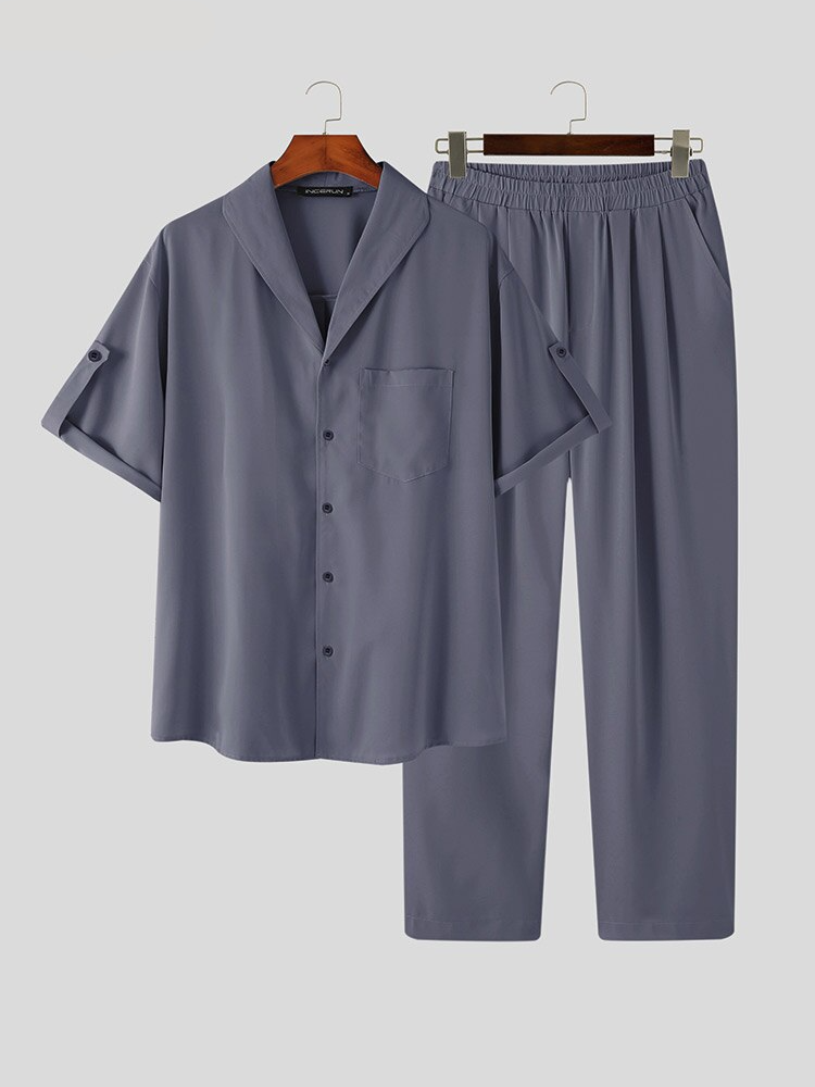 sanyamk 2Pcs/Set Summer Men Suit Elastic Wastband Pleated Casual Outfit Men Business Short Sleeve Shirts Long Pants Set Male Clothing