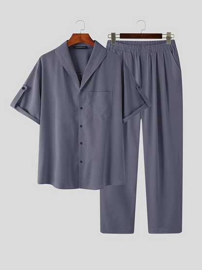 sanyamk 2Pcs/Set Summer Men Suit Elastic Wastband Pleated Casual Outfit Men Business Short Sleeve Shirts Long Pants Set Male Clothing