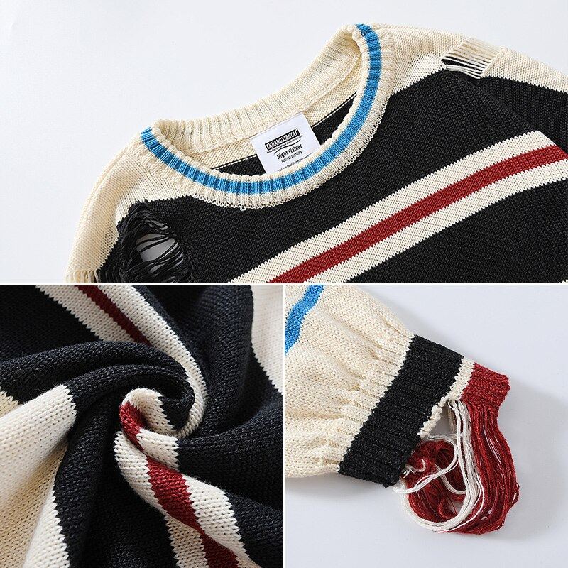 Bonsir Ruffian handsome striped tattered knitwear men's Korean version trend loose small crowd high street hip-hop couple round neck