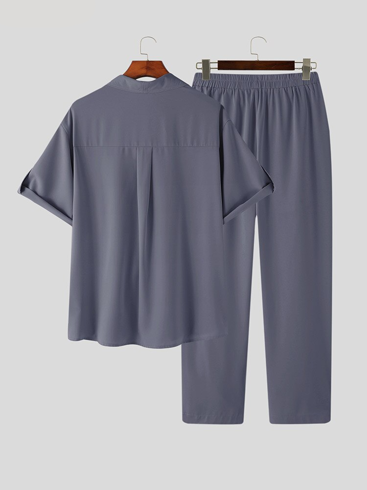 sanyamk 2Pcs/Set Summer Men Suit Elastic Wastband Pleated Casual Outfit Men Business Short Sleeve Shirts Long Pants Set Male Clothing