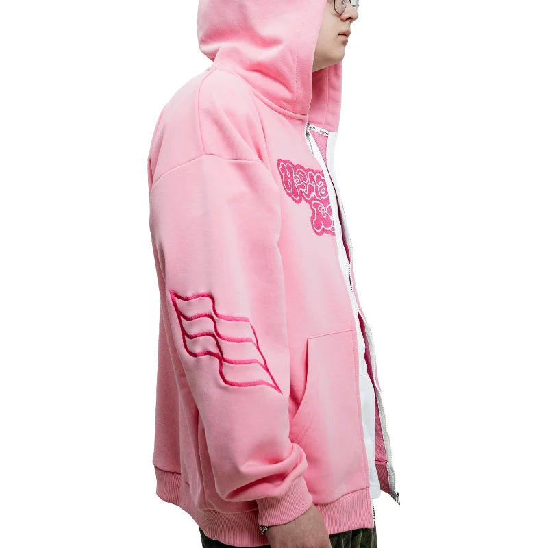 sanyamk Y2K Fashionable Retro Zipper Hoodie Street Top Pink Embroidered Letters Oversized fall Hip Hop High Street Men Women Sweatshirts