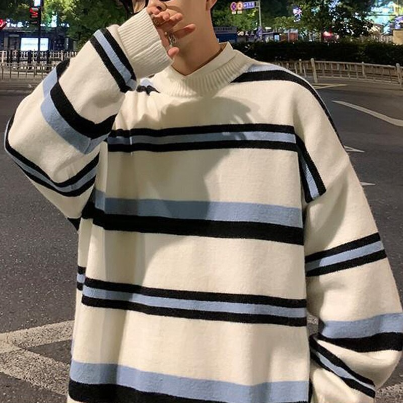 sanyamk Spring Autumn Loose Bear Embroidery Sweater Couple Knitwear Striped Sweater Men Streetwear Hip Hop Harajuku Casual Pullover