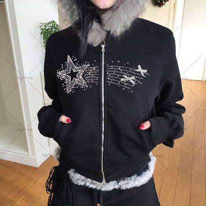 sanyamk Gothic Punk Retro Fur Collar Zipper Hoodie Y2K Harajuku Vintage Trendy Brand Streetwear Sweatshirt Winter Clothing Women Jacket