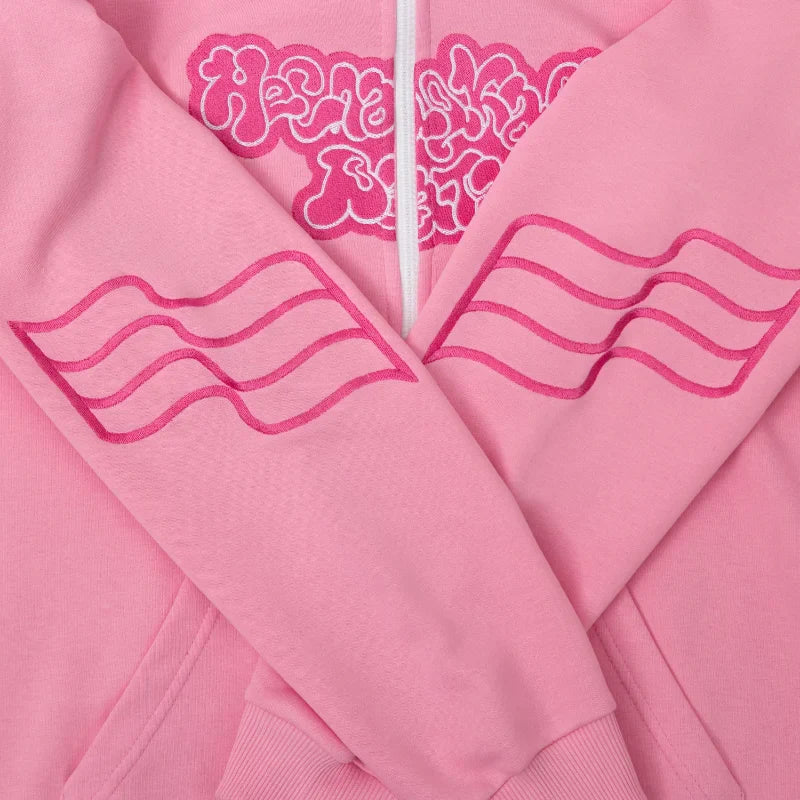 sanyamk Y2K Fashionable Retro Zipper Hoodie Street Top Pink Embroidered Letters Oversized fall Hip Hop High Street Men Women Sweatshirts