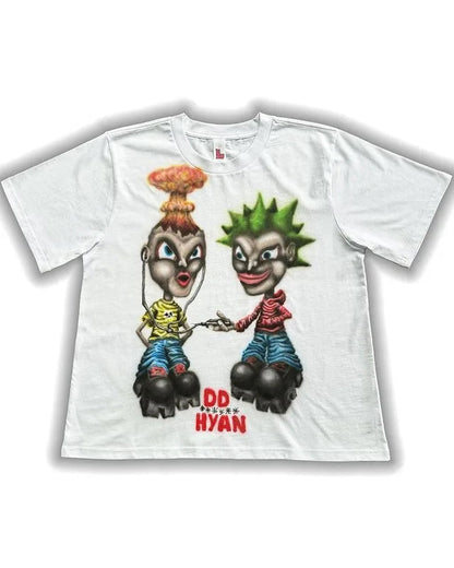 sanyamk Vintage Hip Hop Street Trend Classic  T-shirt Harajuku Aesthetic Loose Short Sleeve Couple Cartoon Print Top Y2K Kawaii Clothes