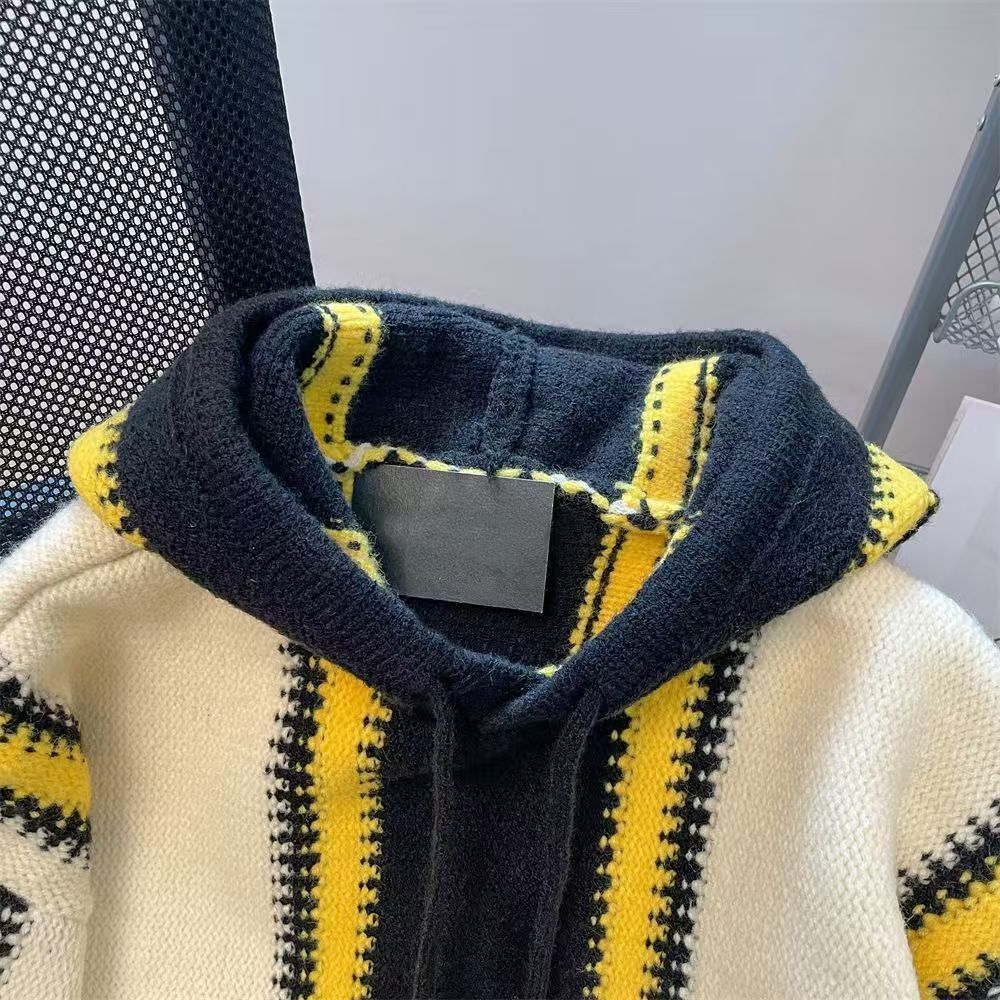 sanyamk American Vintage Patchwork Striped Knitting Hoodie Men Autumn Winter Fashion Loose Hooded Sweatshirt High Street Sweater Warm