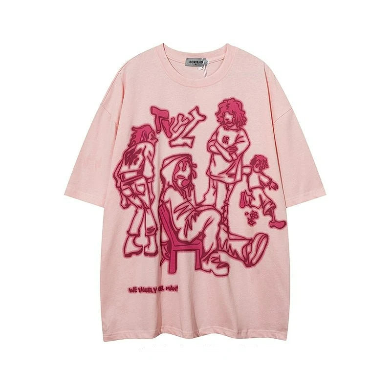 sanyamk Y2K Hip Hop Figure Printed T Shirt Tide Play Printed Oversized Tops New Harajuku Fashion Casual All Match Loose Tops Streetwear