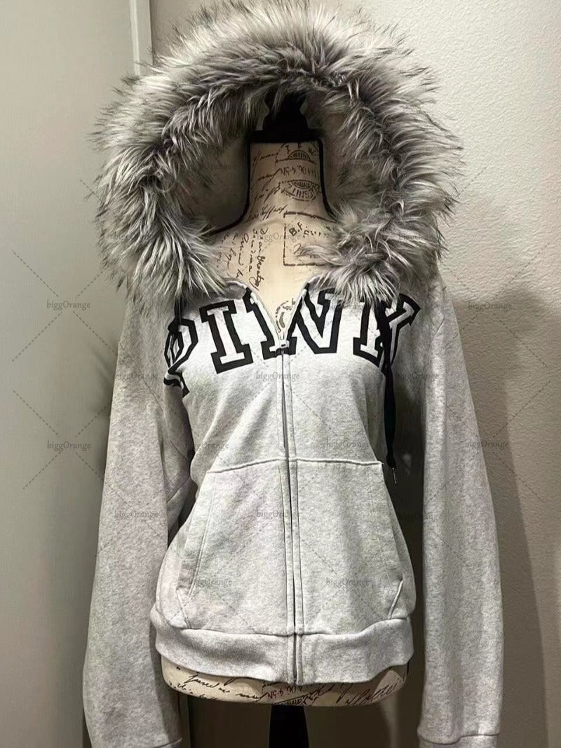 sanyamk Gothic Punk Retro Fur Collar Zipper Hoodie Y2K Harajuku Vintage Trendy Brand Streetwear Sweatshirt Winter Clothing Women Jacket