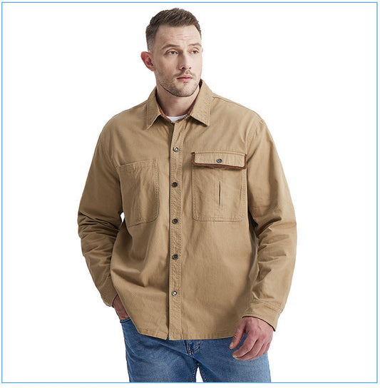 sanyamk Spring Autumn New Men Workwear Cotton Shirt Lapel Corduroy Contrast Color Jacket Top Male Long Sleeve Loose Blouse Cardigan Coat