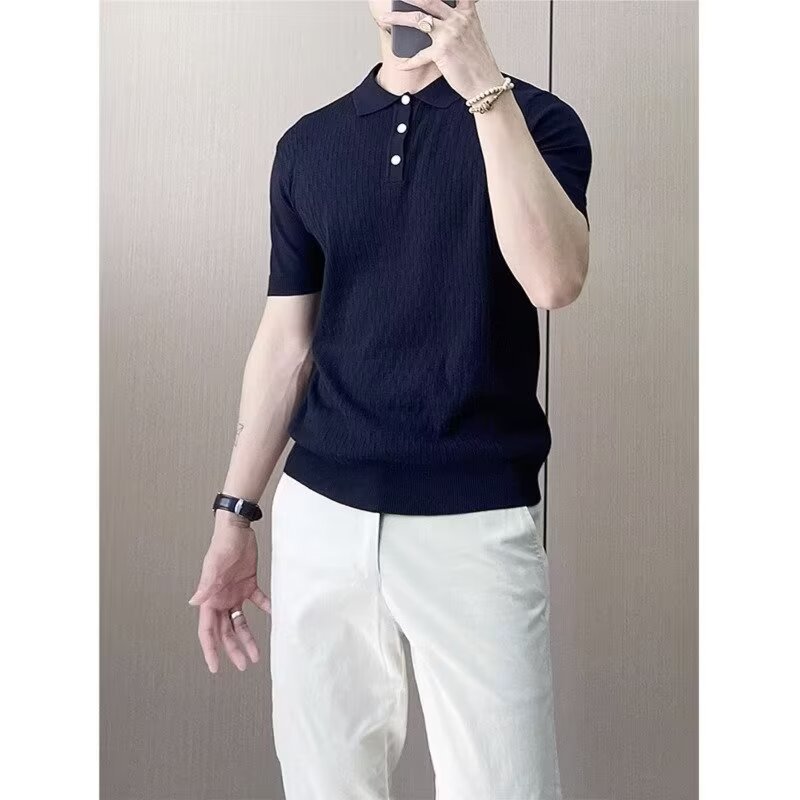 sanyamk Men's Summer Ice Silk Breathable Knitted Polo Shirt Lapel Fashion Hollow High Elastic Short Sleeve T-shirt