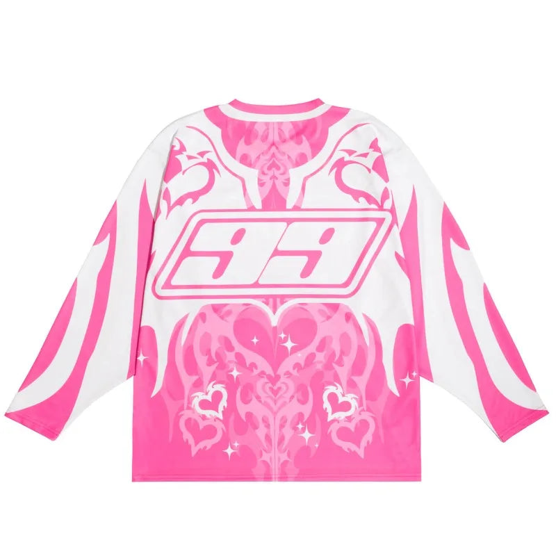 sanyamk Y2K Retro Jersey Aesthetics Love Pattern Streetwear T Shirt Men Women Motorcycle Gothic Trend Casual Loose Long Sleeve Pullover