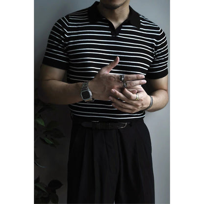 sanyamk Light Mature Korean Style Men's Shirt Casual Striped Pullover Polo Shirt Trendy Ins Summer Short Sleeve Sweater T-shirt