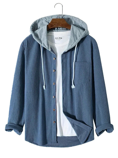 sanyamk Spring Autumn Patchwork Thick Hooded Shirt Men Waffle Long sleeved Hoodie Fashion Casual Loose Sweatshirt Tops Oversized Shirts