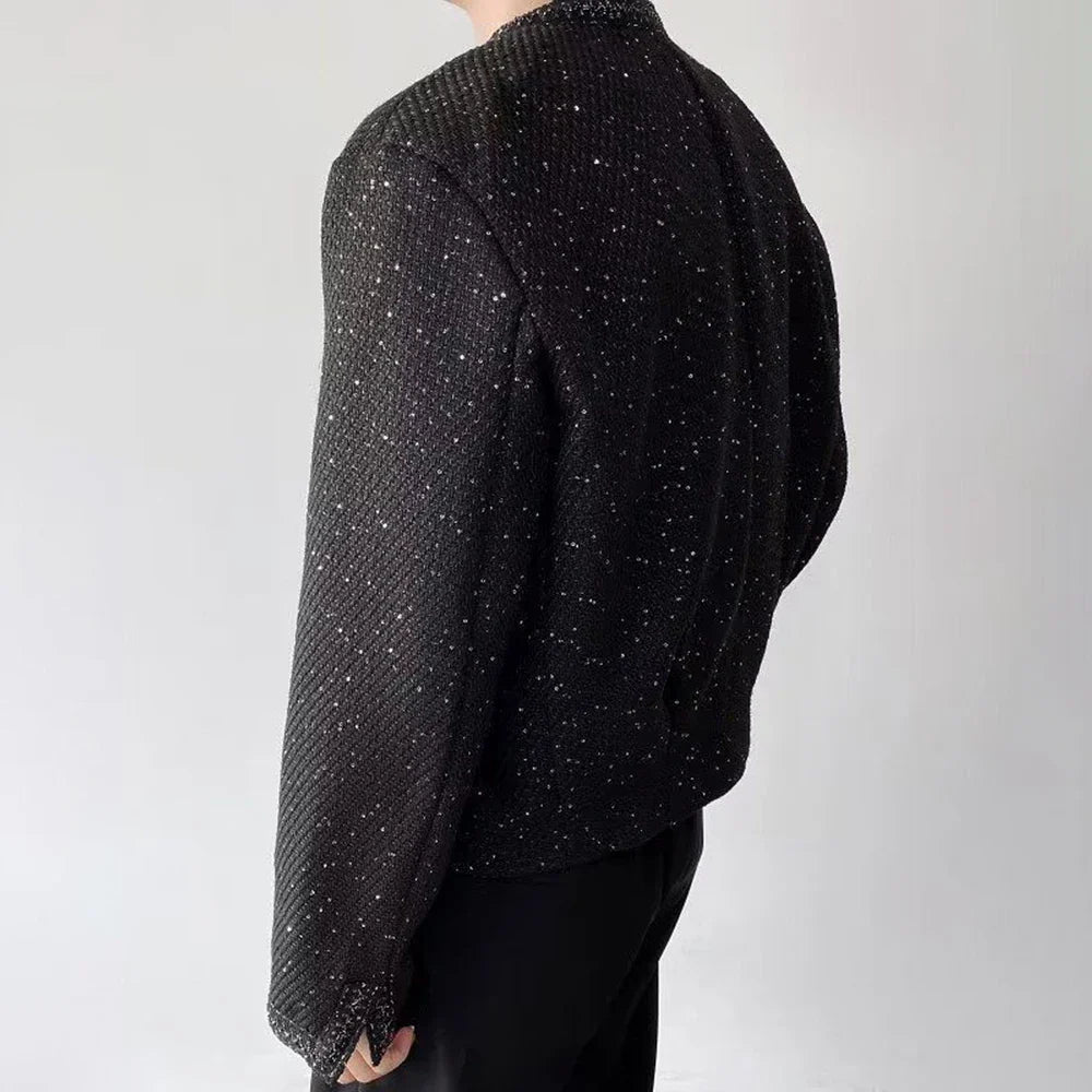 sanyamk Mens sequin performance slim jacket genderless 2024 new trendy French retro temperament versatile collarless jacket unisex