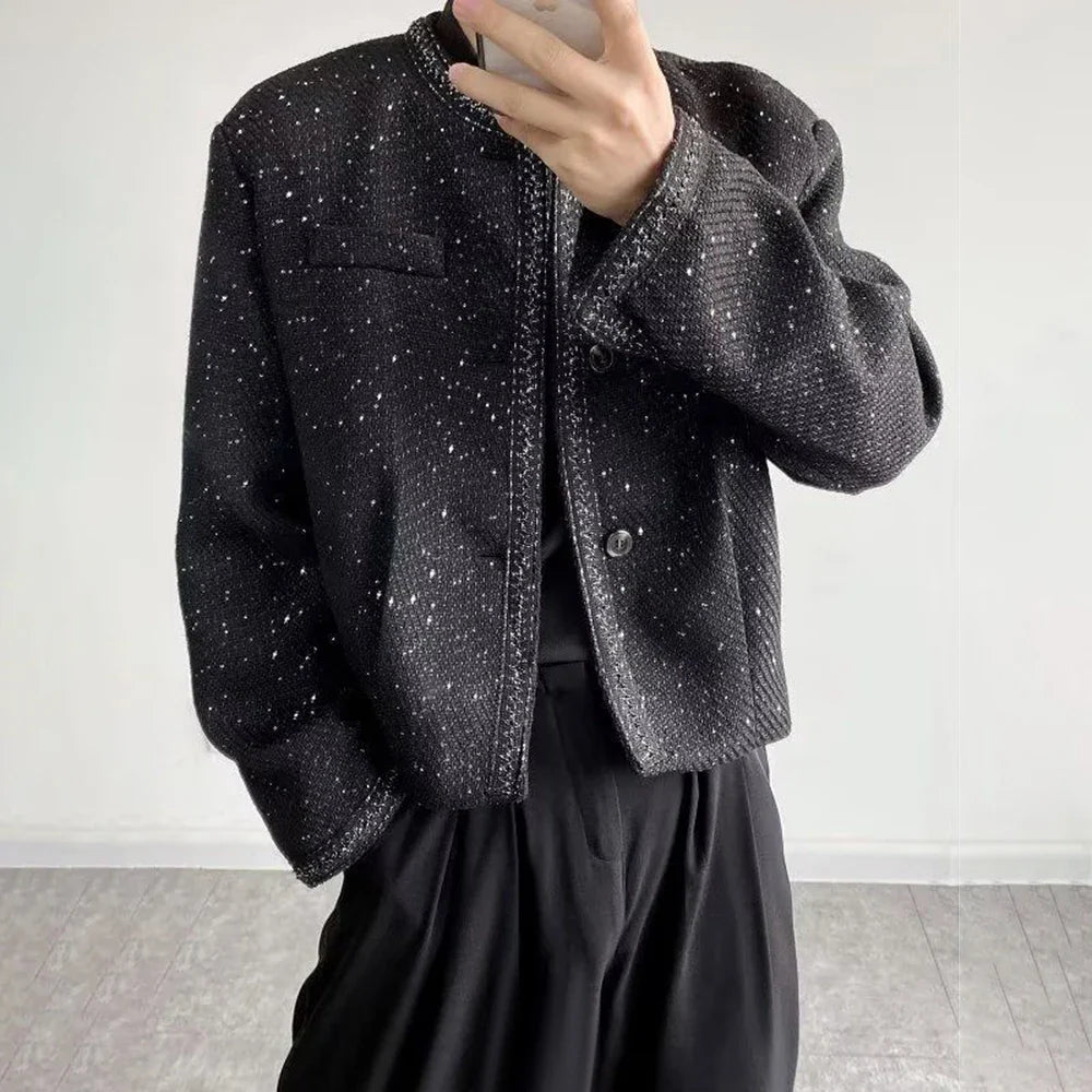 sanyamk Mens sequin performance slim jacket genderless 2024 new trendy French retro temperament versatile collarless jacket unisex