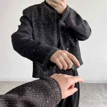 sanyamk Mens sequin performance slim jacket genderless 2024 new trendy French retro temperament versatile collarless jacket unisex