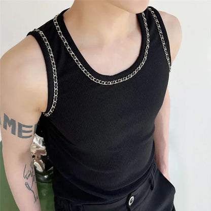 sanyamk Mens Y2K chain design tight vest 2024 new genderless shaping streetwear personalized casual sexy nightclub versatile vest unisex