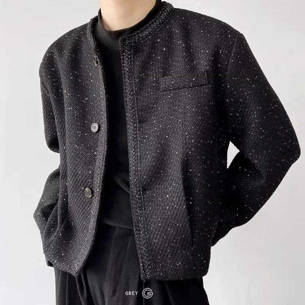 sanyamk Mens sequin performance slim jacket genderless 2024 new trendy French retro temperament versatile collarless jacket unisex