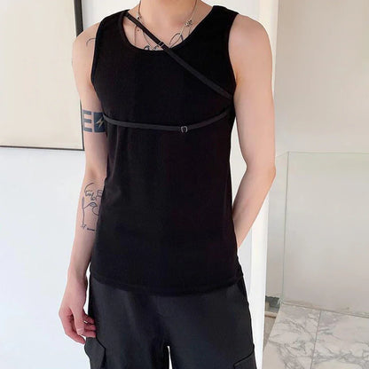 sanyamk Mens Casual Y2k High Collar Vest 2024 Spring New Genderless Gym Temperament French Streetwear Solid Color Simple Tank Top Unisex