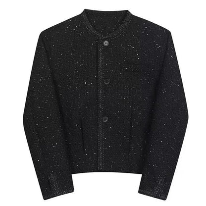 sanyamk Mens sequin performance slim jacket genderless 2024 new trendy French retro temperament versatile collarless jacket unisex