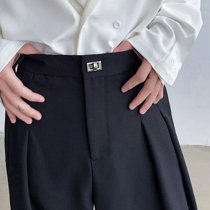 sanyamk Men Metal Buckle Casual Wide Leg Suit Pants Genderless 2024 New Business Simple Versatile Solid Color High Waist Trousers Unisex