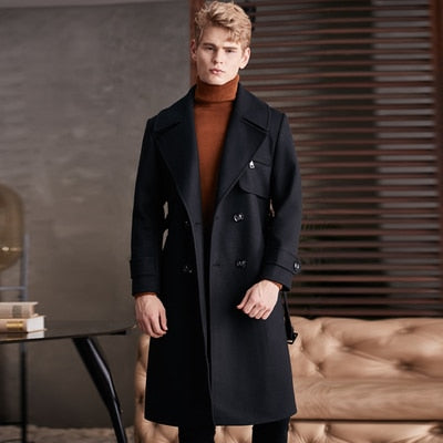 Bonsir European Over-the-knee Woolen Coat Men's Autumn/Winter High Quality Extra Long Wool Coat for Man Zip Pocket Overcoat