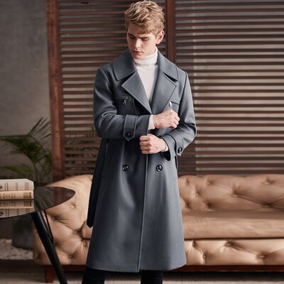 Bonsir European Over-the-knee Woolen Coat Men's Autumn/Winter High Quality Extra Long Wool Coat for Man Zip Pocket Overcoat