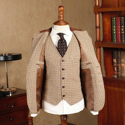 Brown Classic Plaid Tweed Suit for Men Slim fit Groom Wedding Tuxedo Blazer Male Formal Business Jacket Vest Pants 3 Piece