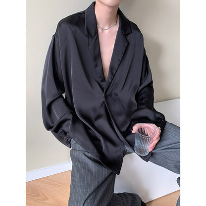 sanyamk Autumn Black White Silk Blazer Men's Fashion Business Society Mens Suit Jacket Korean Loose Casual Dress Jacket Men M-XL